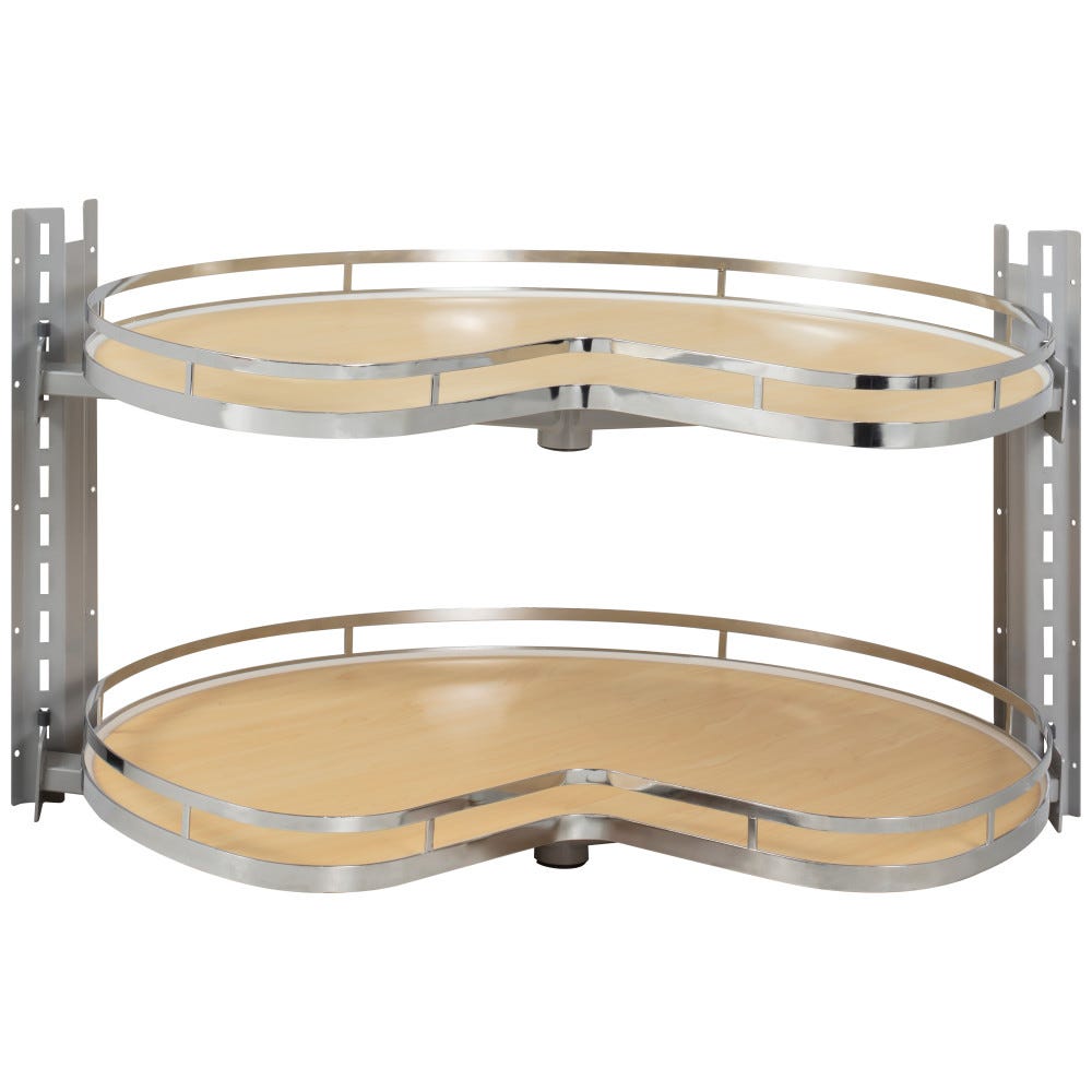 Cornermax 31" Diameter Kidney Wood Lazy Susan in maple finish with polished chrome railings and two shelves