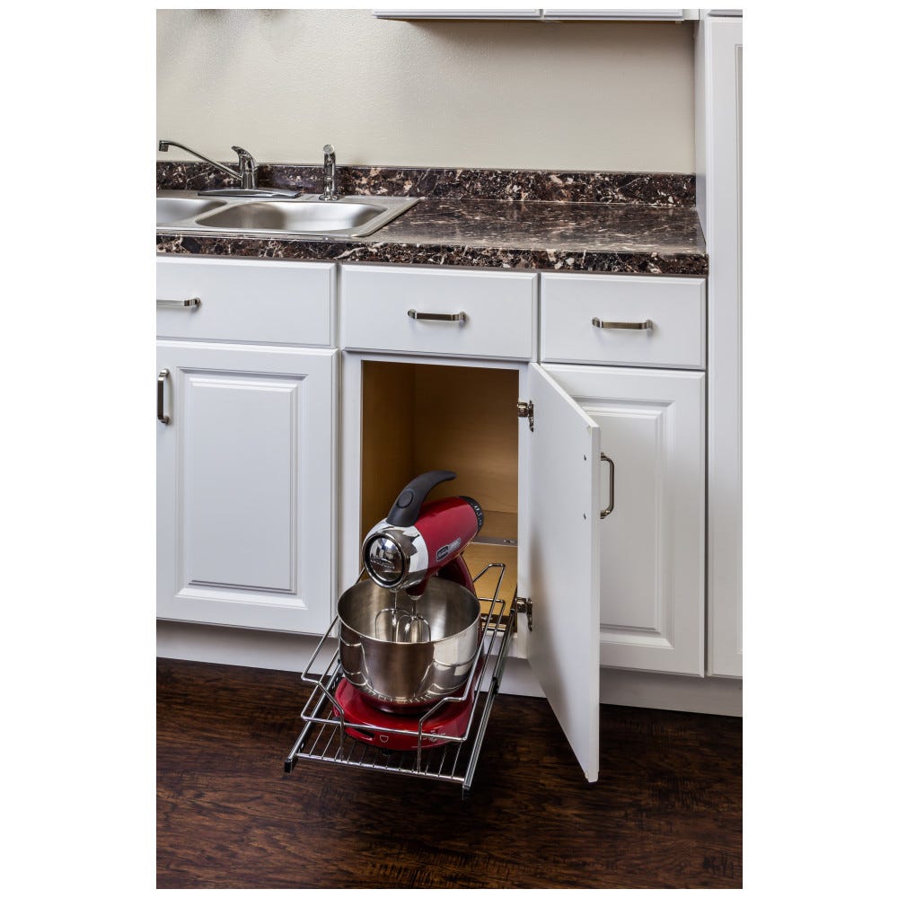 Metal Basket Pullout Organizer for 15" Base Cabinet in silver finish, made of sturdy metal material