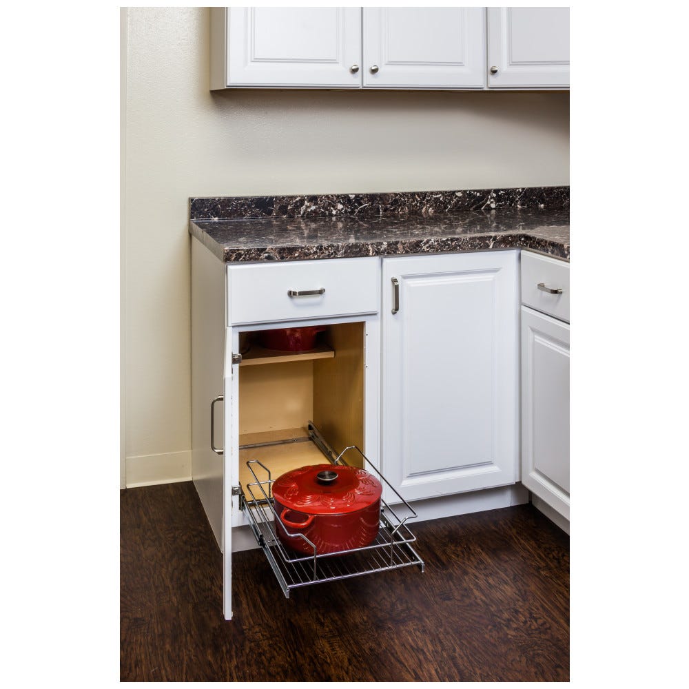 Metal Basket Pullout Organizer for 18 inch Base Cabinet in silver metal finish, designed for efficient kitchen storage