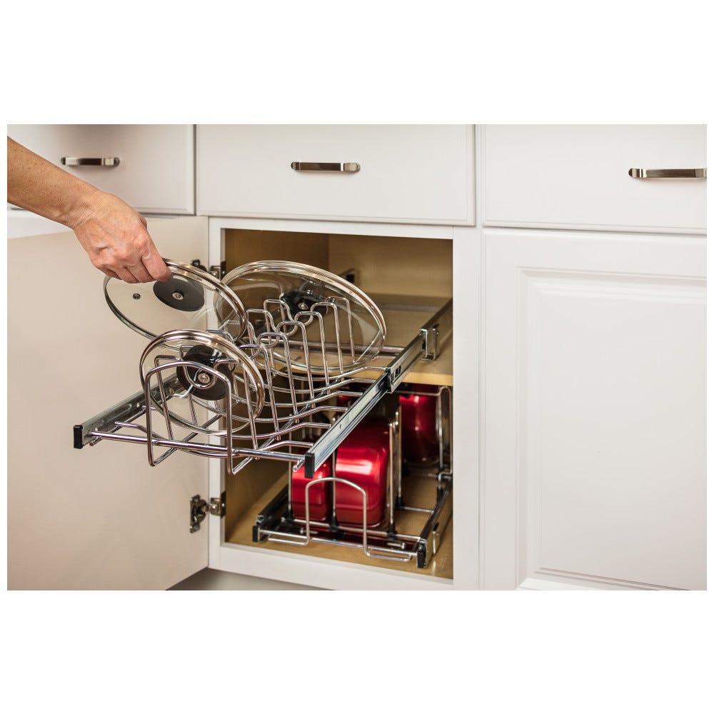 Cookware Lid Pullout Organizer for 15 inch Base Cabinet, sleek metal finish, durable construction