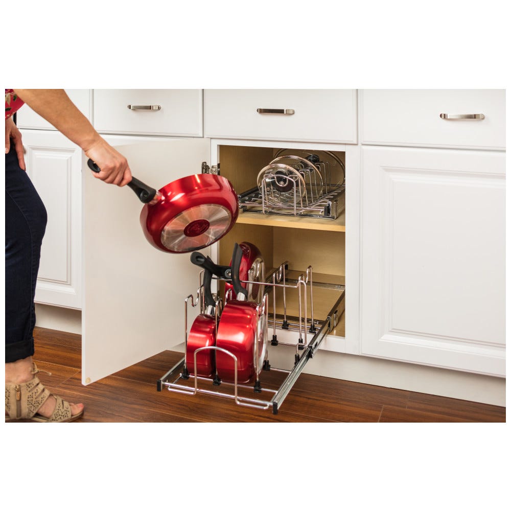 Cookware Organizer for 15" Base Cabinet in silver finish, made of durable metal for efficient kitchen storage