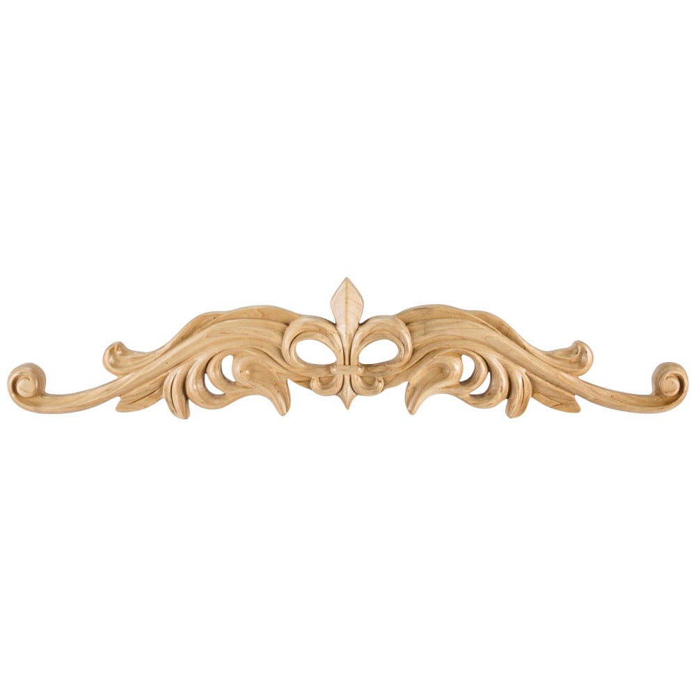 Hand Carved Fleur De Lis Onlay in Cherry wood, 36" x 7/8" x 7-1/2" size, showcasing intricate details and rich color.