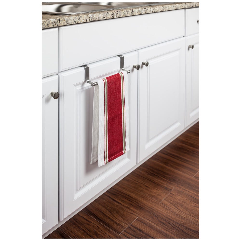 Stainless Steel Over-The-Door Towel Bar with foam backing for cabinet protection