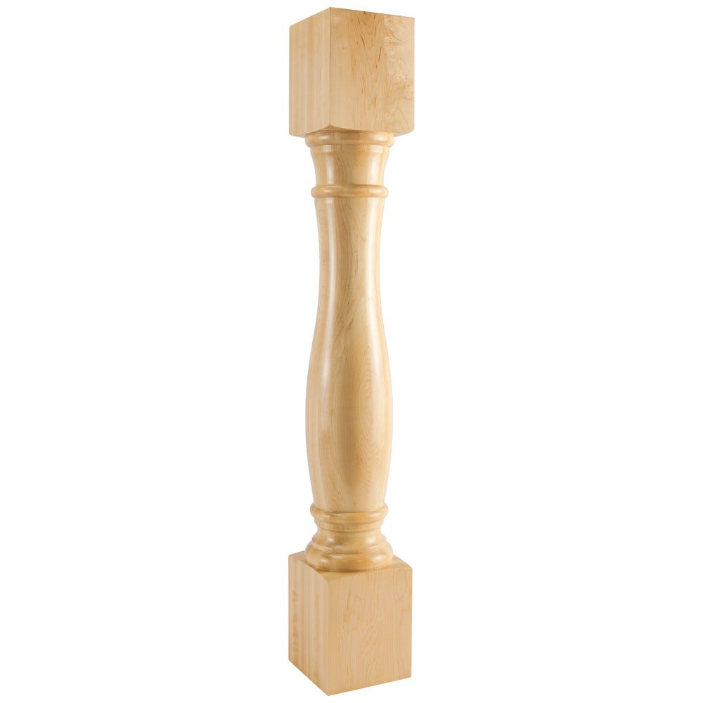 6" X 6" X 42" Turned Wood Post in White Birch, Rubberwood, Alder finishes, crafted from high-quality wood species