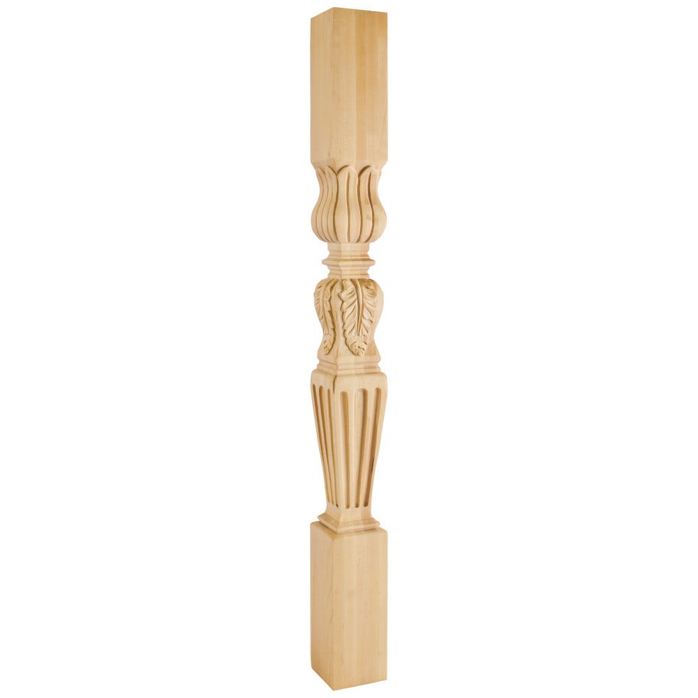 Turned Acanthus/Fluted Post in Maple, Cherry, Rubberwood, Alder - 3-3/4" x 3-3/4" x 42"