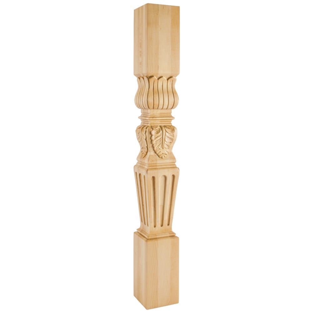 Turned Acanthus/Fluted Post in Maple finish, 5" x 5" x 42", carved wood island leg