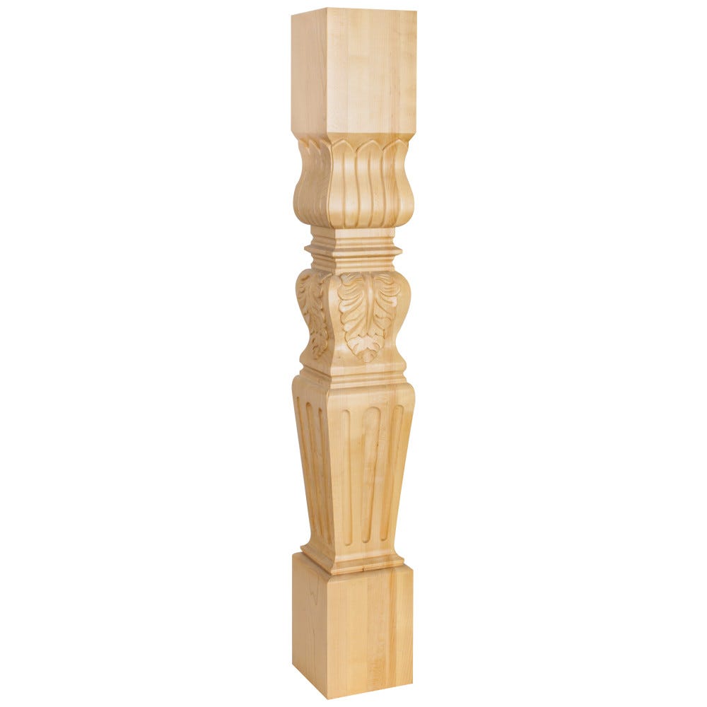 Turned Acanthus/Fluted Post in Maple, Alder, Cherry, and Rubberwood, 5" x 5" x 35-1/2" carved wood island leg