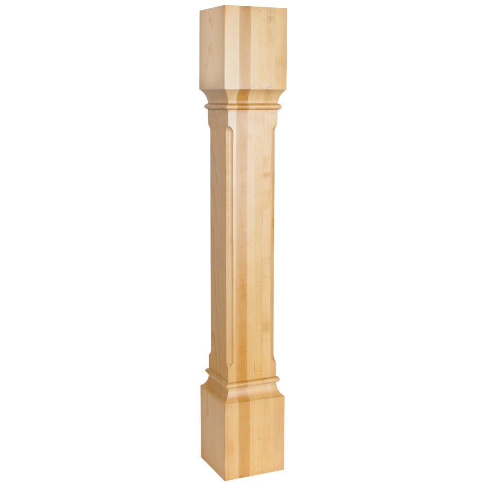 Fluted Corner Modern Wood Post in Rubberwood, Alder, and Maple finishes, 5 x 5 x 35-1/2 inches, carved wood