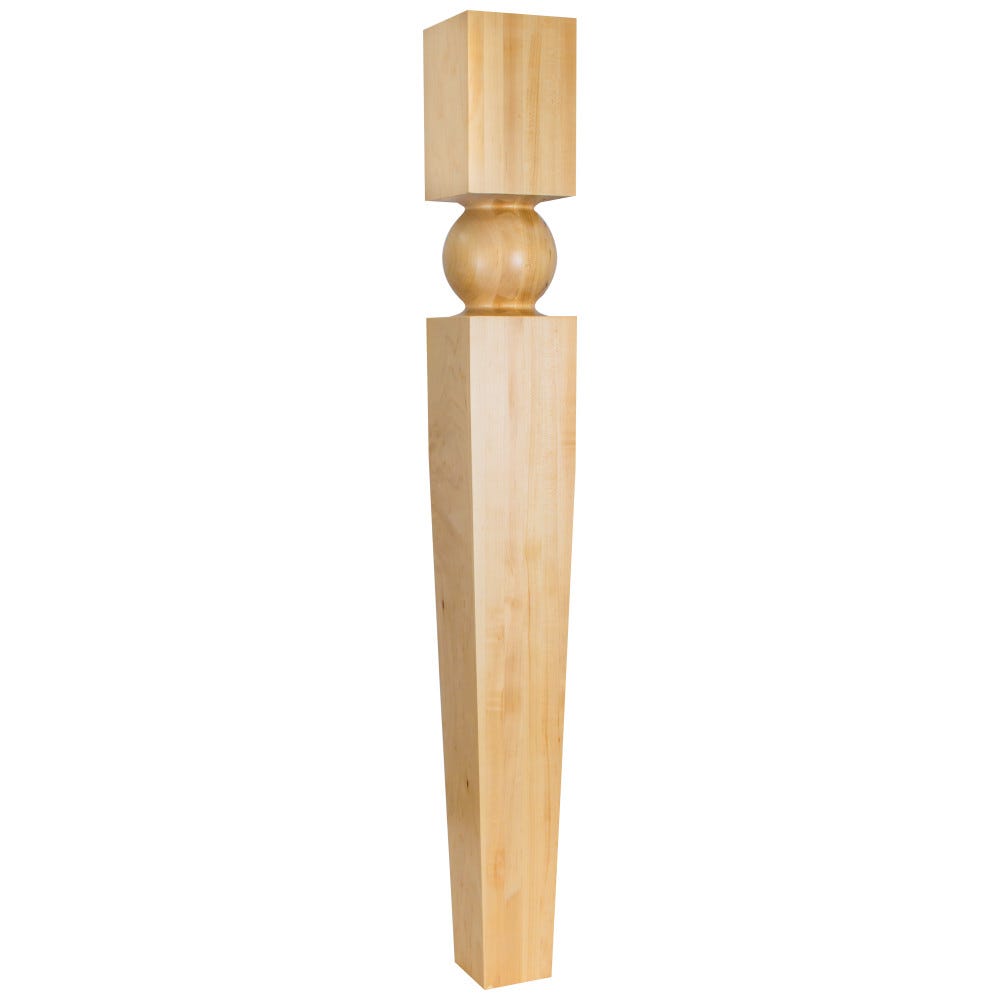 5" Square x 42" Island Post in natural wood finish with carved round shape and tapered leg, ideal for kitchen islands