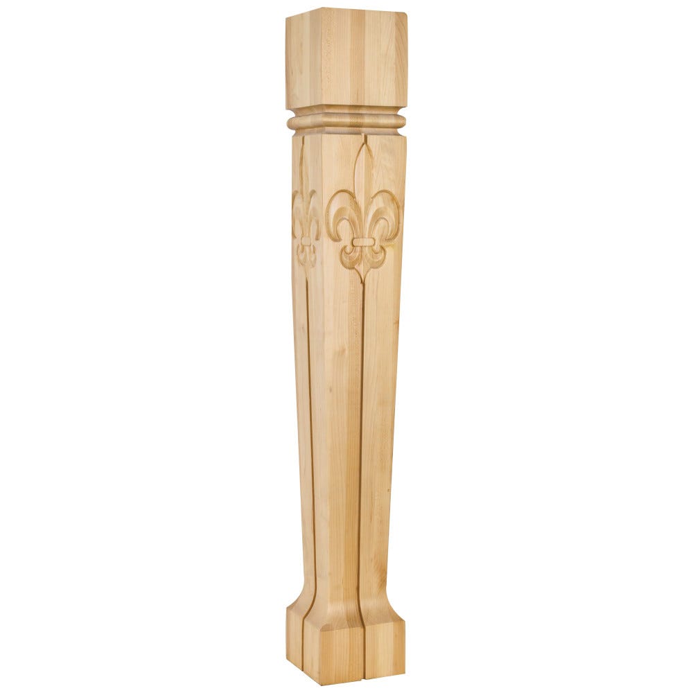 5" Square Fleur-De-Lis Post in Hard Maple, Cherry, and Alder finishes, featuring bull nose and vertical groove details.