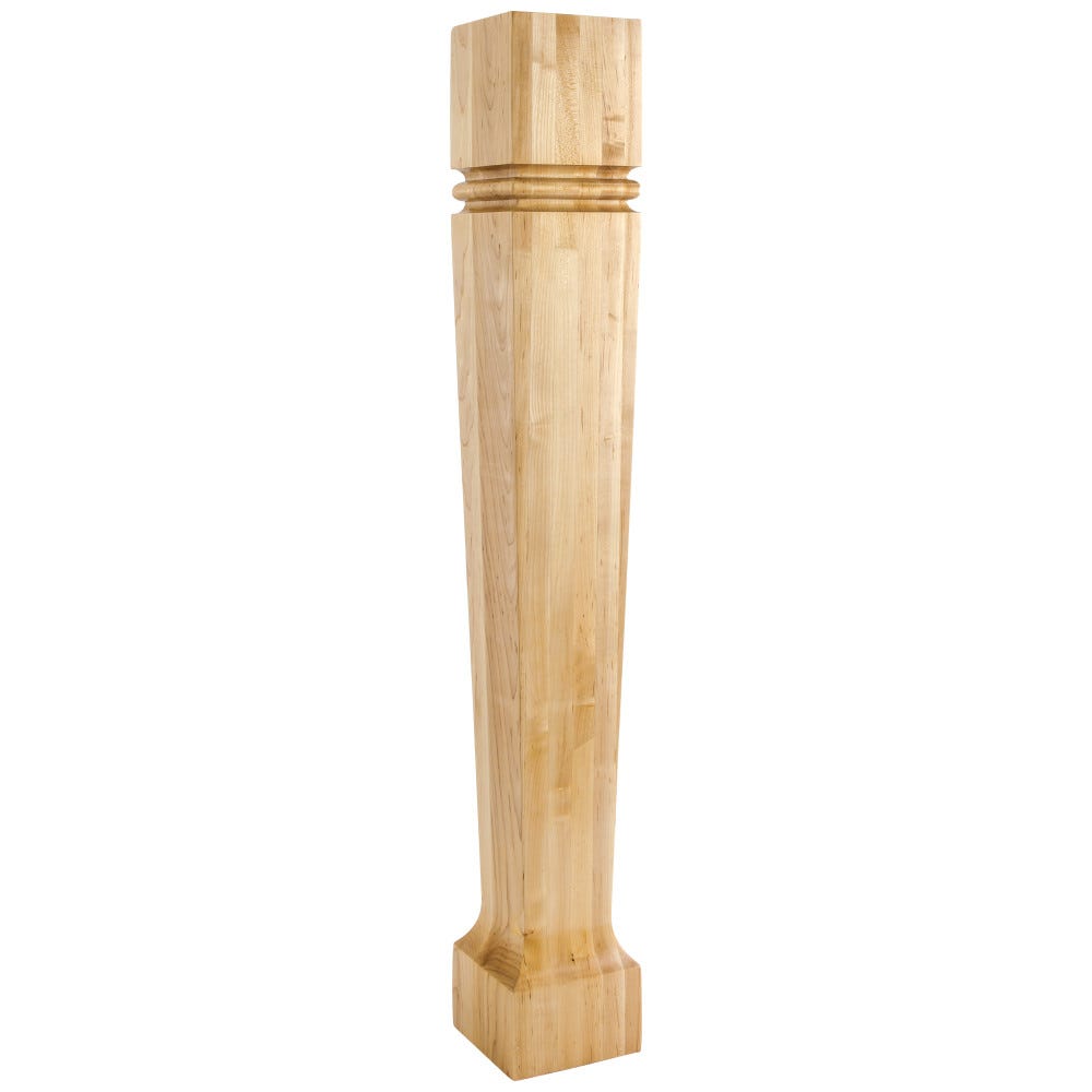 5" Square Modern Post in natural wood finish with bullnose groove and tapered foot, 35-1/2" tall, made from durable carved wood