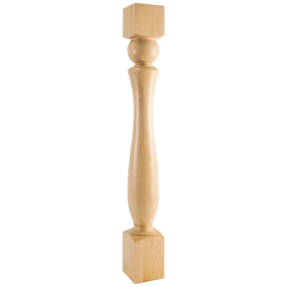 Traditional Turned Post, Cherry and Rubberwood, 5" x 42", carved wood post for home decor
