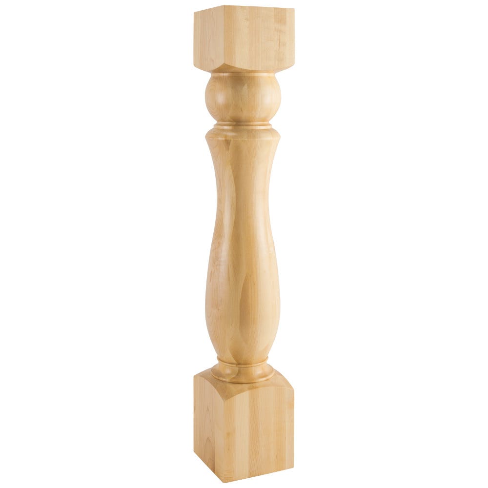 Traditional Turned Post in Rubberwood, Alder, White Birch, Hard Maple, 6" x 35-1/2" carved wood