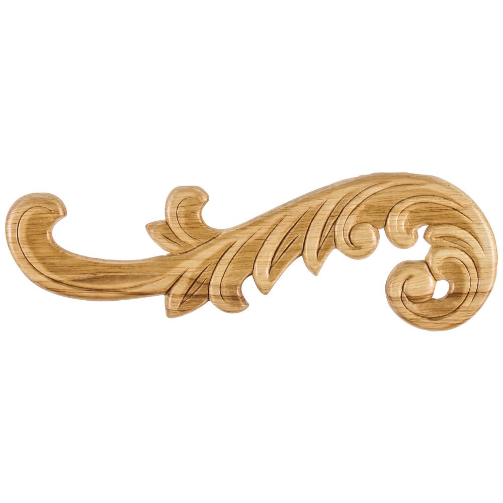 10-1/2" Left Curved Pressed Applique in Rubberwood finish, carved wood design, perfect for elegant home decor