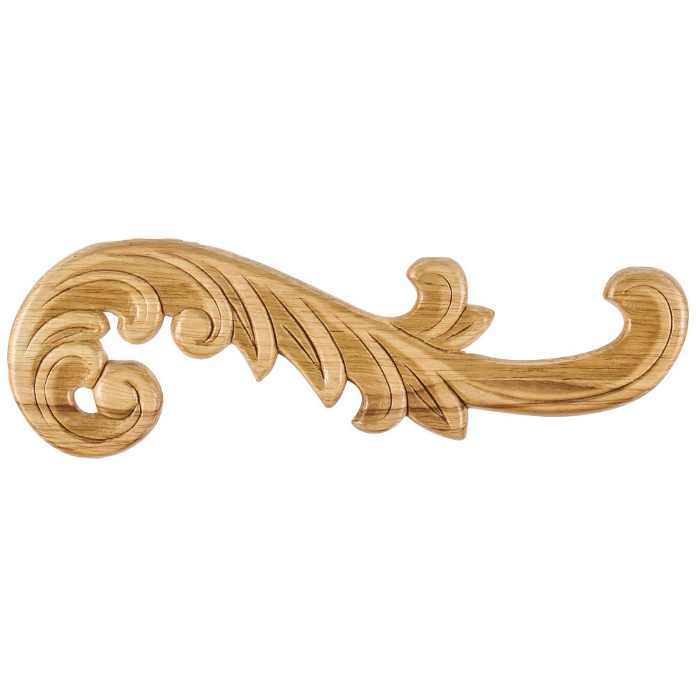 Right Curved Pressed Applique in Rubberwood, 10-1/2" x 5/16" x 3-1/4", carved wood detail