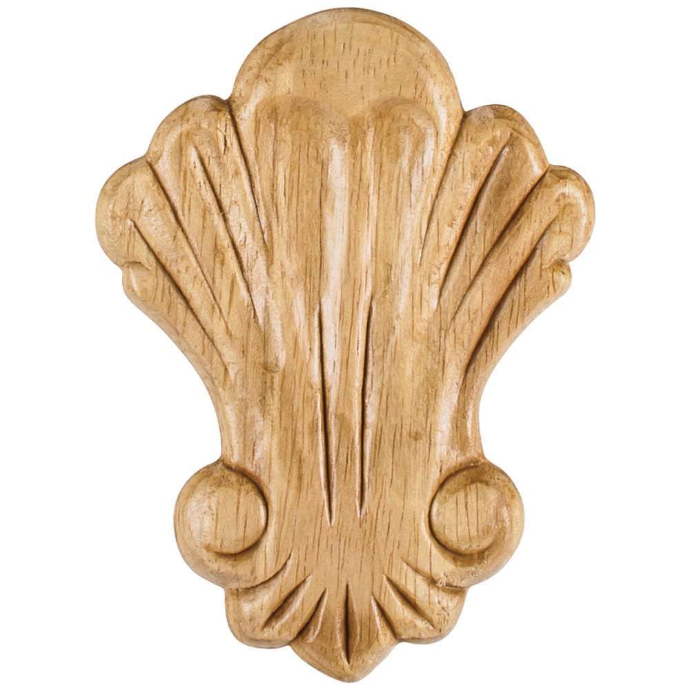 3-1/4" Shell Pressed Applique in Rubberwood finish, carved wood decorative accent