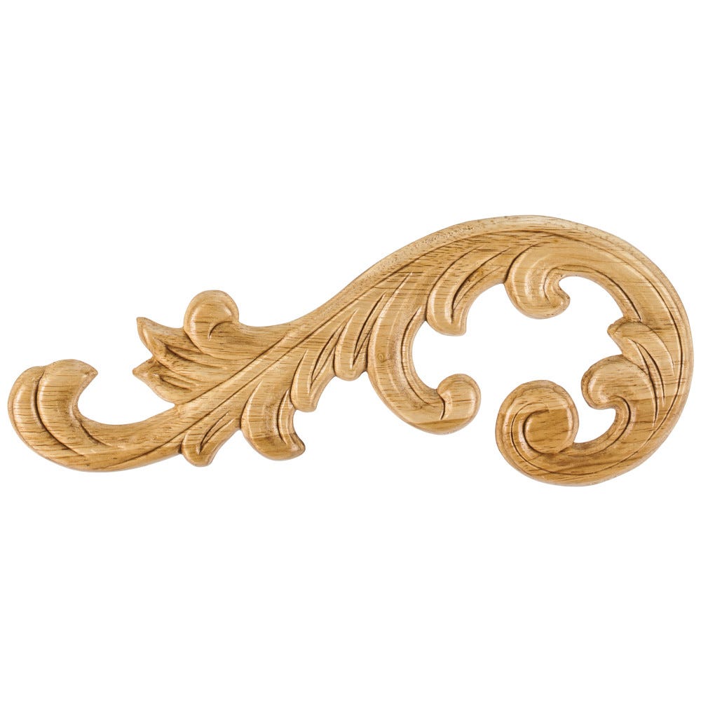 Pressed Applique Left in Rubberwood finish, 10-5/8" x 5/16" x 4-3/8", carved wood accent piece