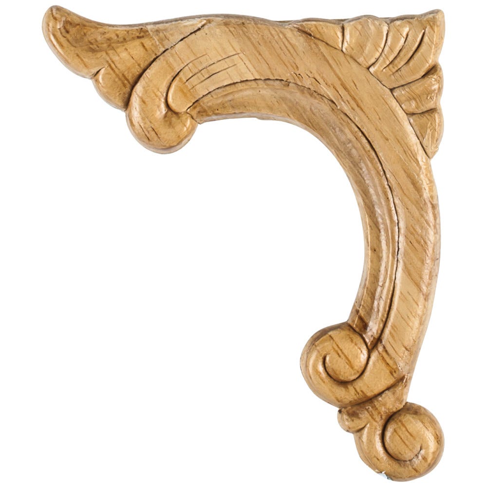 Pressed Applique Left in Rubberwood finish, 3-3/4" x 5/16" x 4-1/2", carved wood accent piece