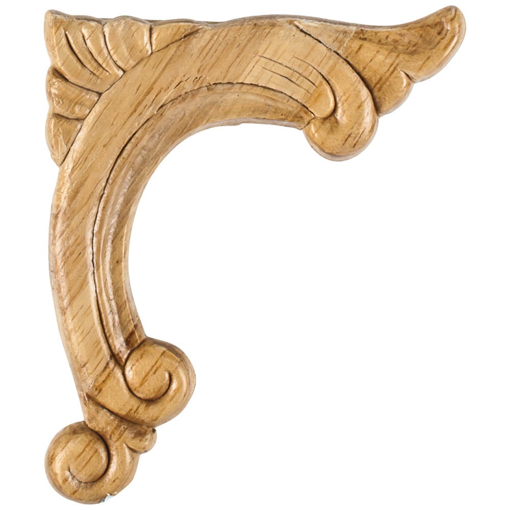 Pressed Applique Right in Rubberwood finish, 3-3/4" x 5/16" x 4-1/2", carved wood accent
