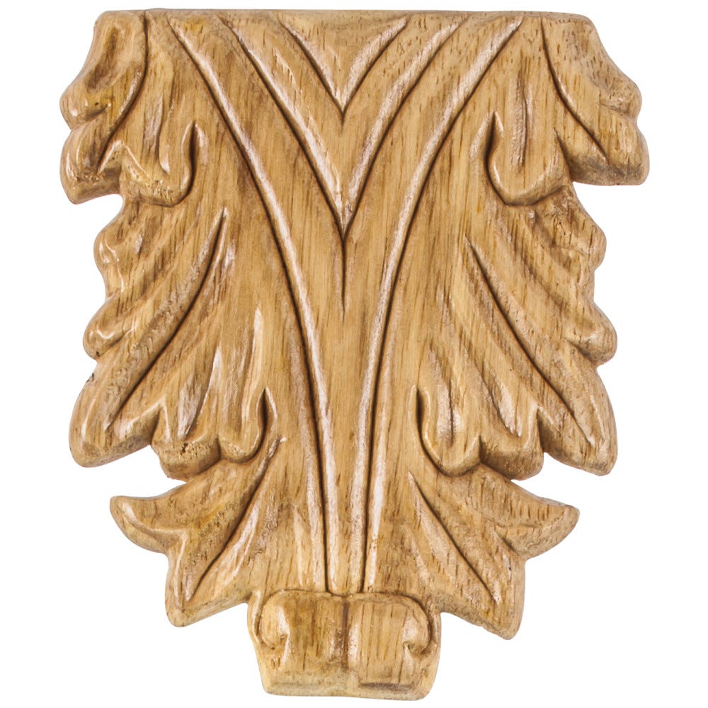 Acanthus Pressed Applique in rubberwood finish, 3-5/8" x 5/16" x 4-1/4", carved wood detail