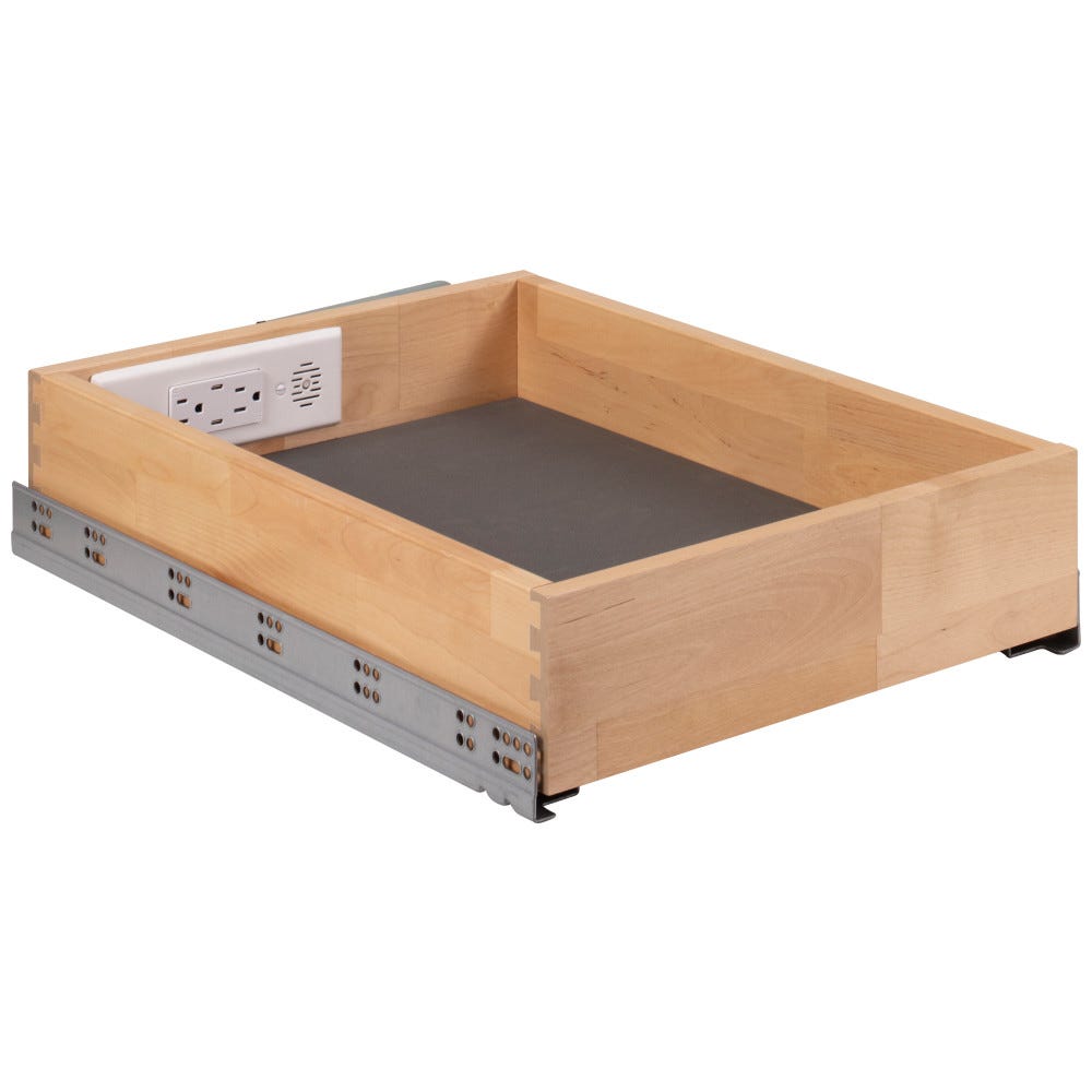 15 inch powered charging drawer for 18 inch base cabinet in a sleek finish, ideal for kitchen organization