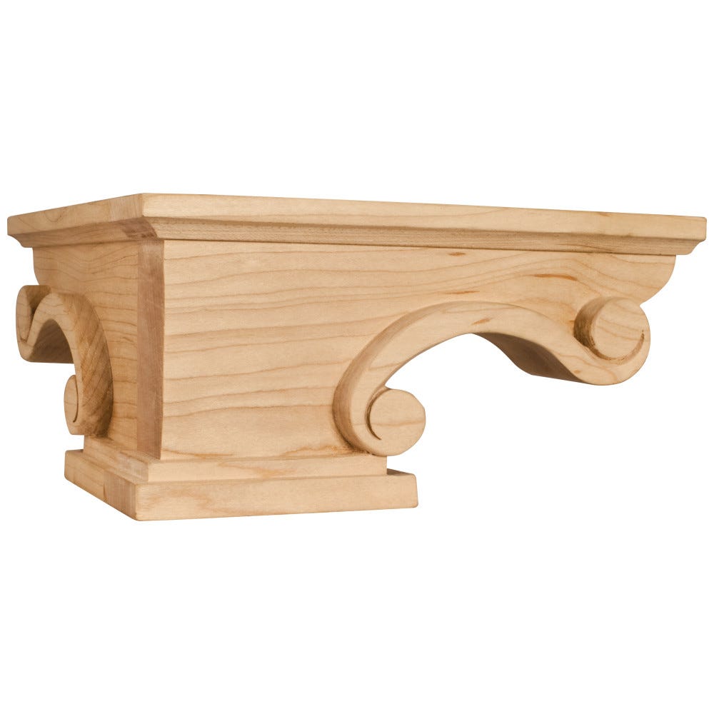 Pedestal Foot Corner in Rubberwood, Oak, and Maple finishes, 8-1/4" x 8-1/4" x 4-1/2", carved wood design