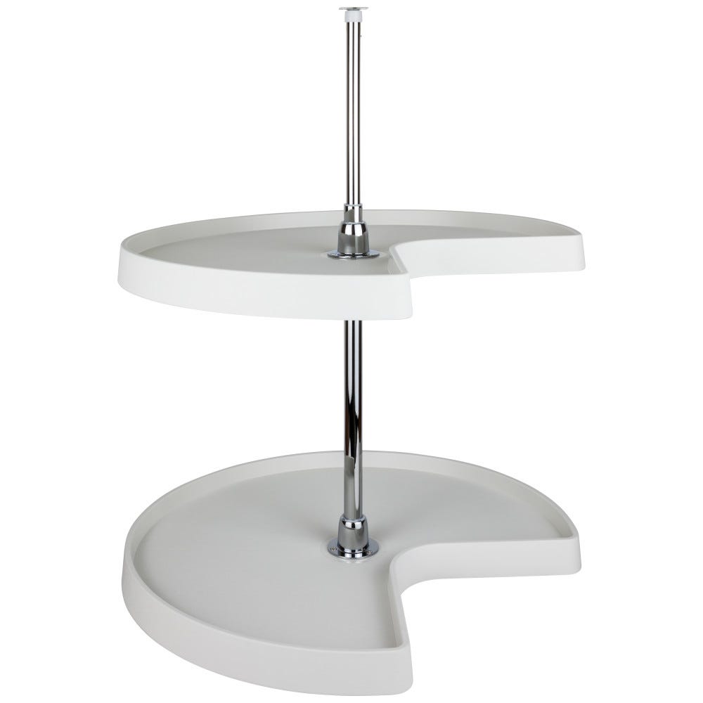 24" Diameter Kidney Plastic Lazy Susan Set with Chrome Hubs, includes 2 shelves and mounting pole, durable plastic material