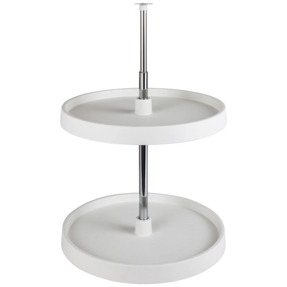 28" Round Plastic Lazy Susan Set with Adjustable Pole, white plastic shelves and pole, versatile kitchen organizer