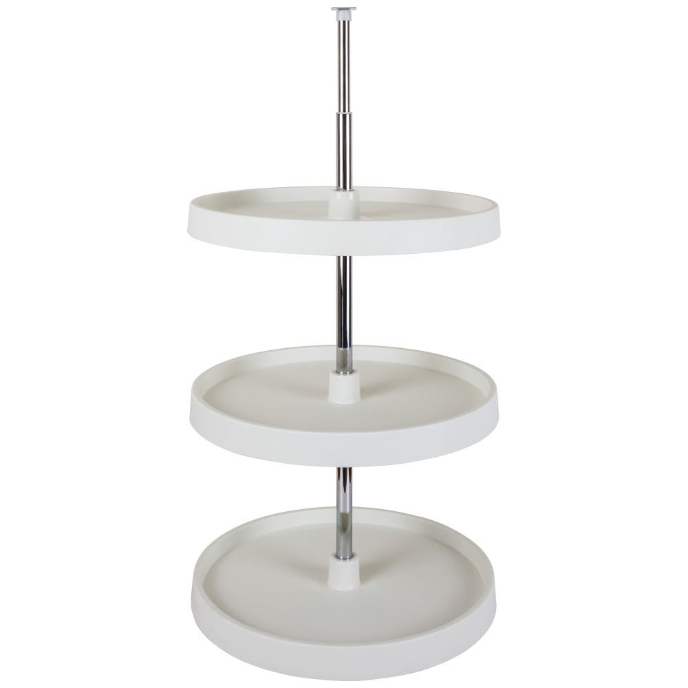 18" Round Plastic Lazy Susan Set with adjustable pole, three shelves, and durable plastic construction