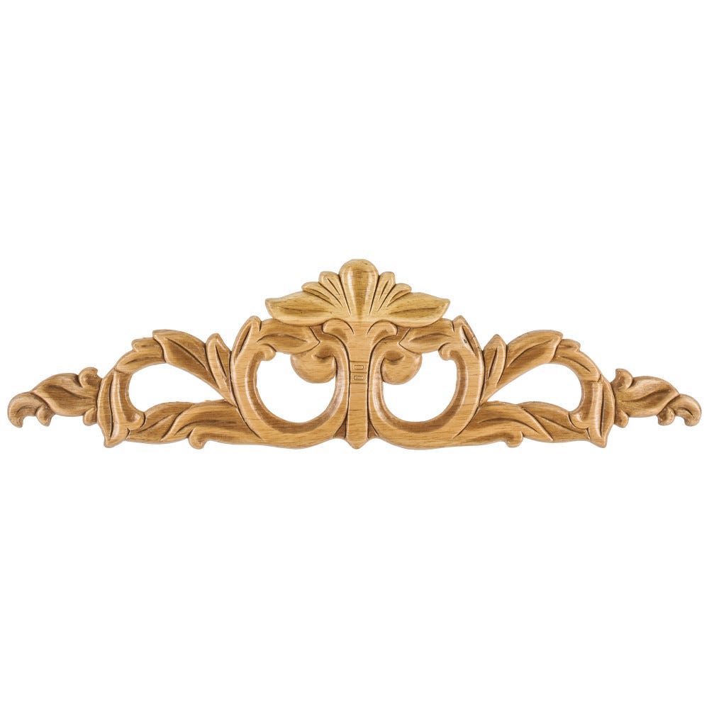 Acanthus Pressed Onlay in rubberwood finish, 20-1/8" x 5/16" x 5-3/8", carved wood detail