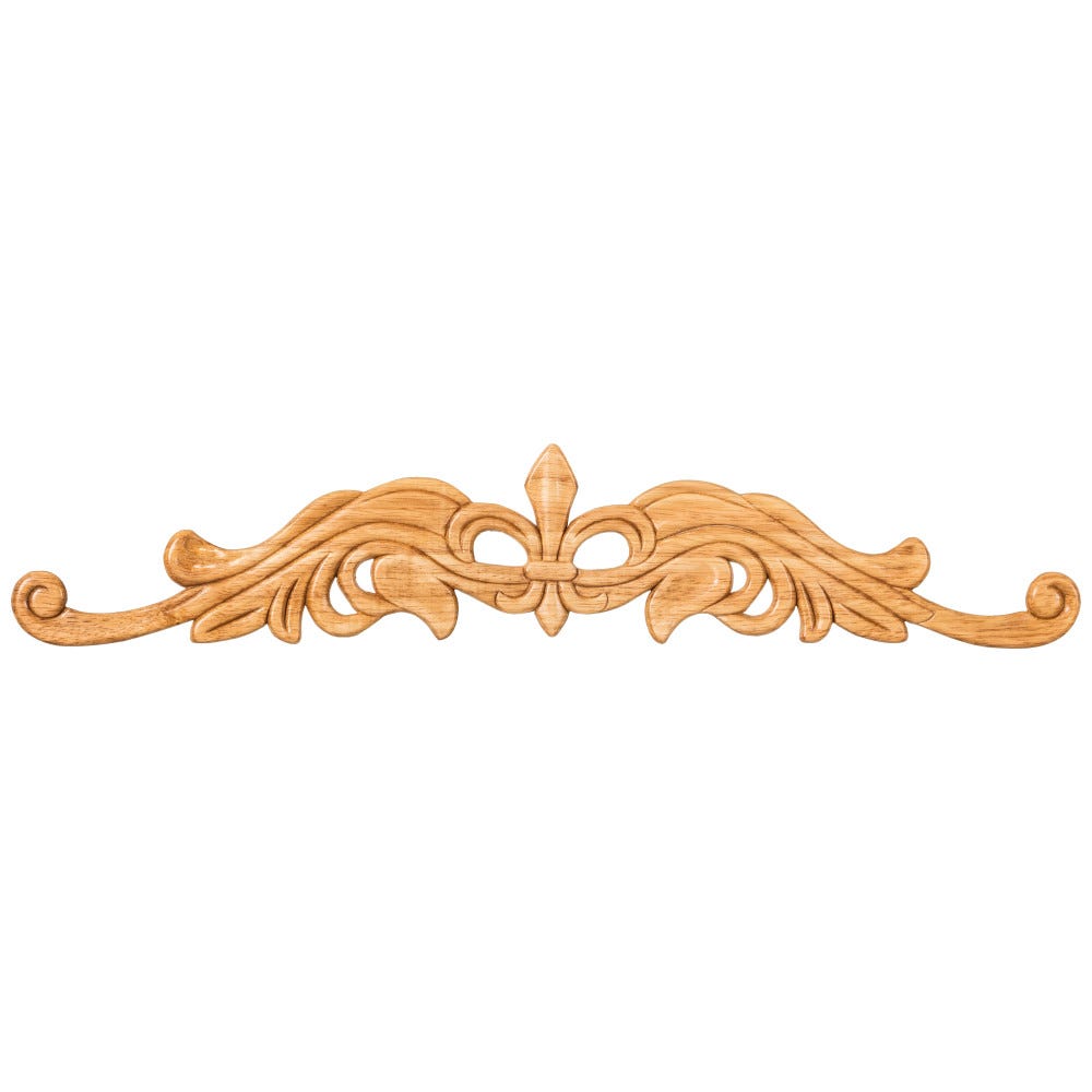 Pressed Fleur De Lis Onlay in natural rubberwood finish, 20" x 5/16" x 4-3/16" size, carved wood design