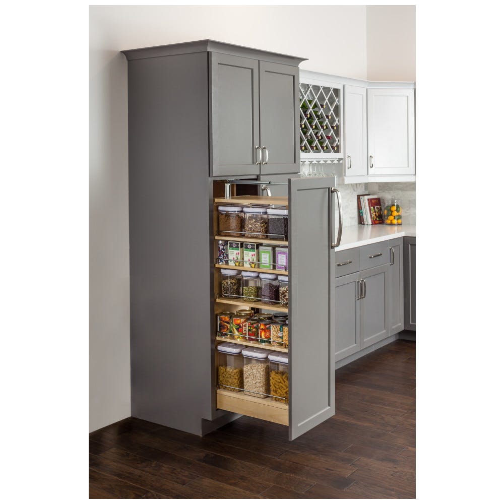 Wood Pantry Cabinet Pullout 8-1/2" x 22-1/4" x 47" in natural wood finish with heavy duty ball bearing slides