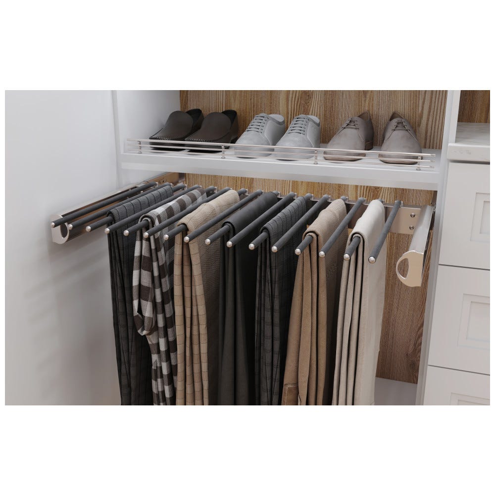 Satin Nickel 18" Pant Rack for 14" Deep Closet System, 9 Pant Capacity, Mounted on Full-Extension Slides, Hardware Resources