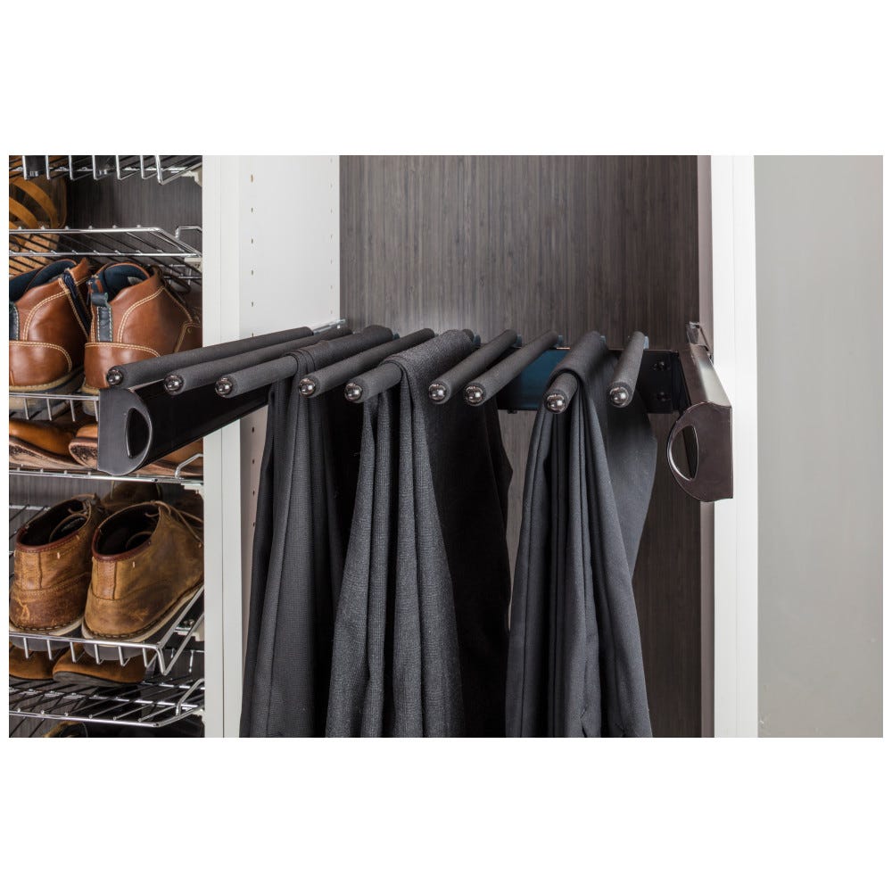 Dark Bronze 24" Pant Rack for 14" Deep Closet System, holds 13 pairs, mounted on full-extension slides, made by Hardware Resources