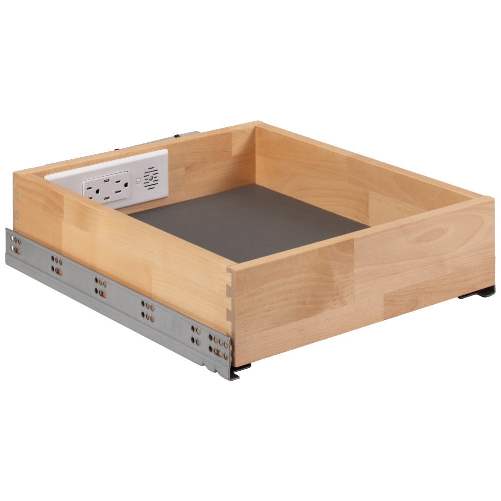 15" Powered Charging Drawer in sleek finish for 18" vanity base cabinet, designed for efficient device charging and organization.