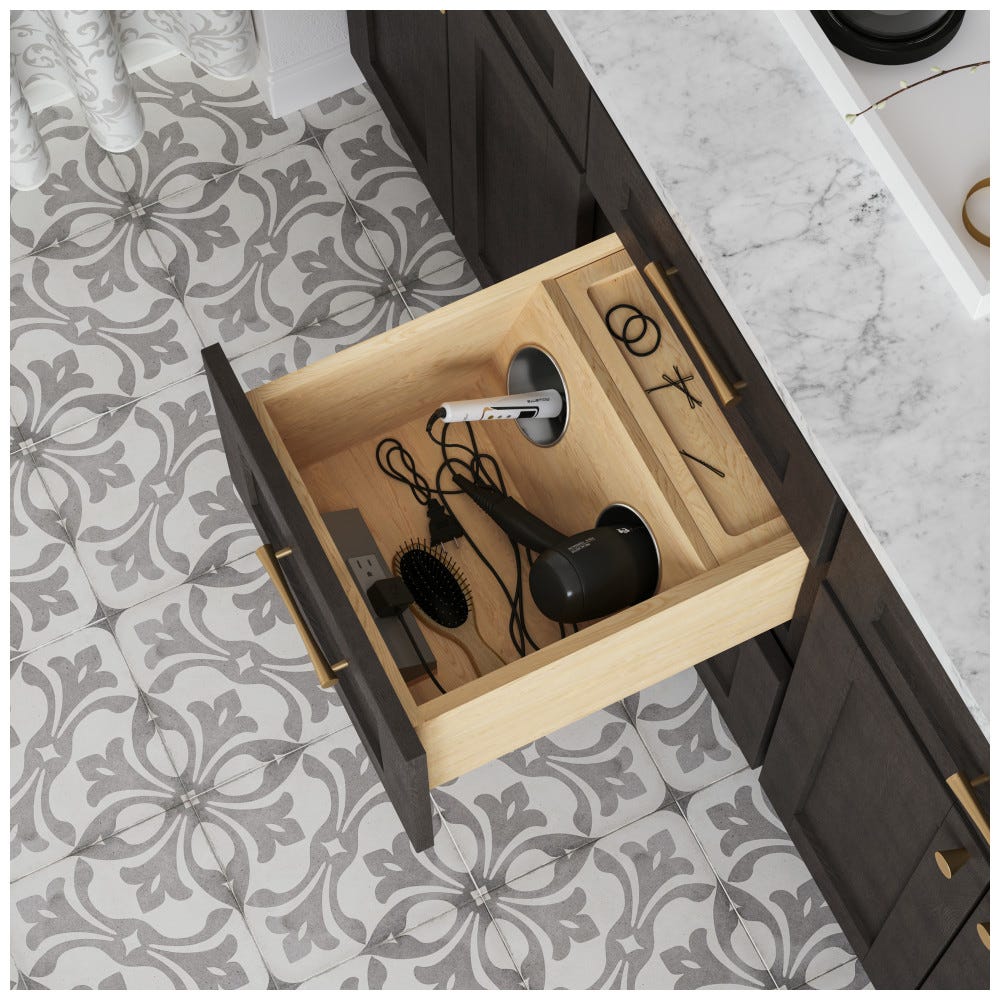 15" Powered Vanity Drawer in sleek finish, designed for modern bathrooms, made by Hardware Resources