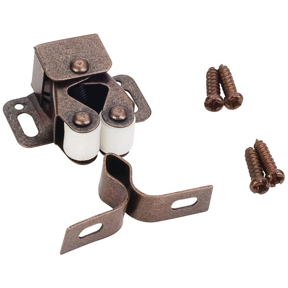 Double Roller Catch with Strike in Dark Brushed Antique Copper, functional hardware for cabinetry, includes pan head wood screws