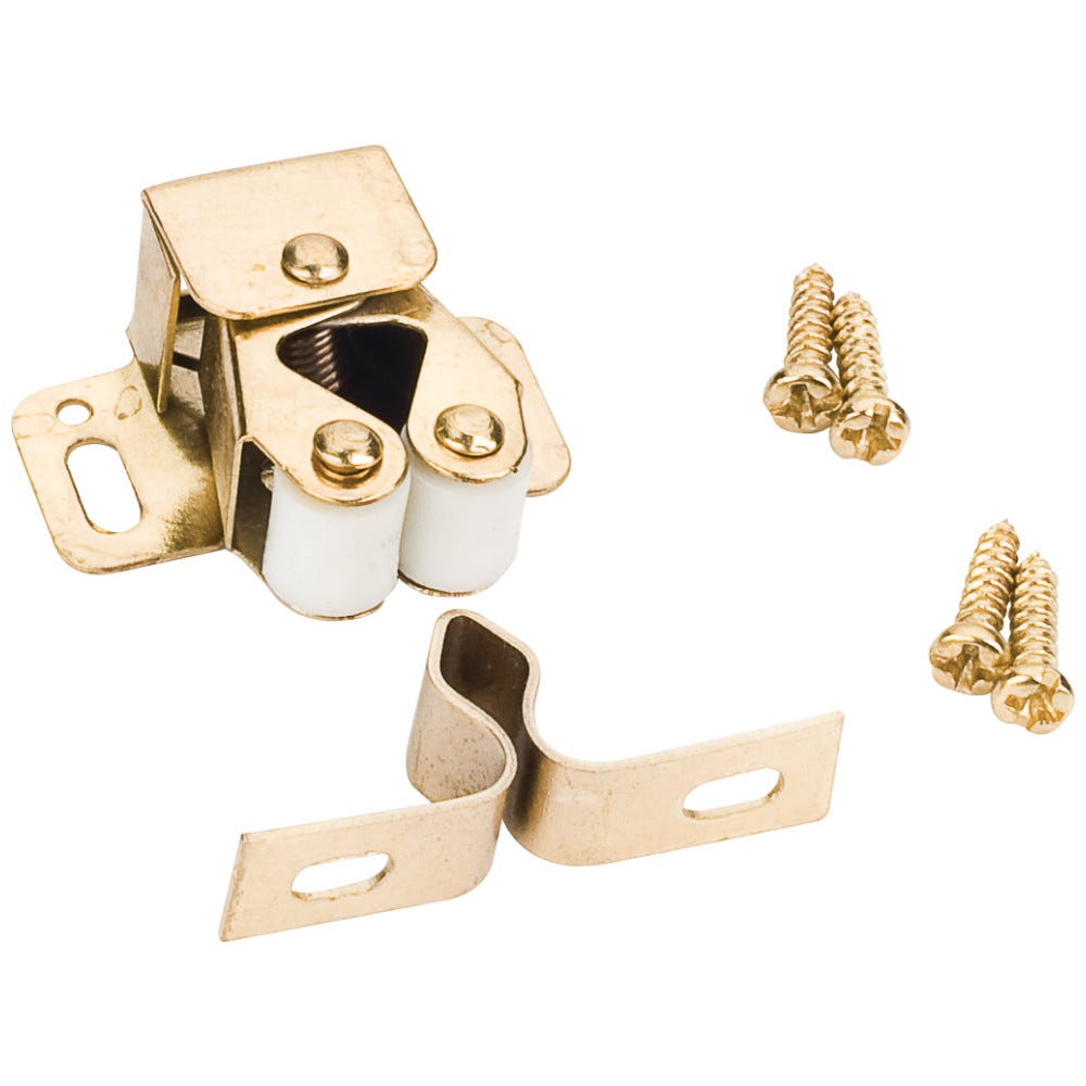 Polished Brass Double Roller Catch with Strike, functional hardware for cabinetry, includes pan head wood screws