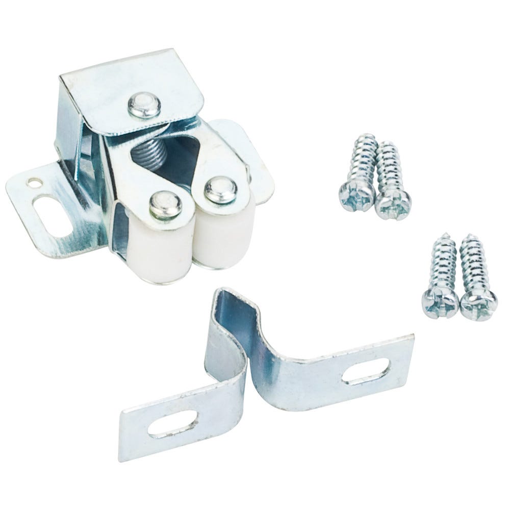 Zinc Double Roller Catch with Strike, functional hardware for cabinetry, includes pan head wood screws
