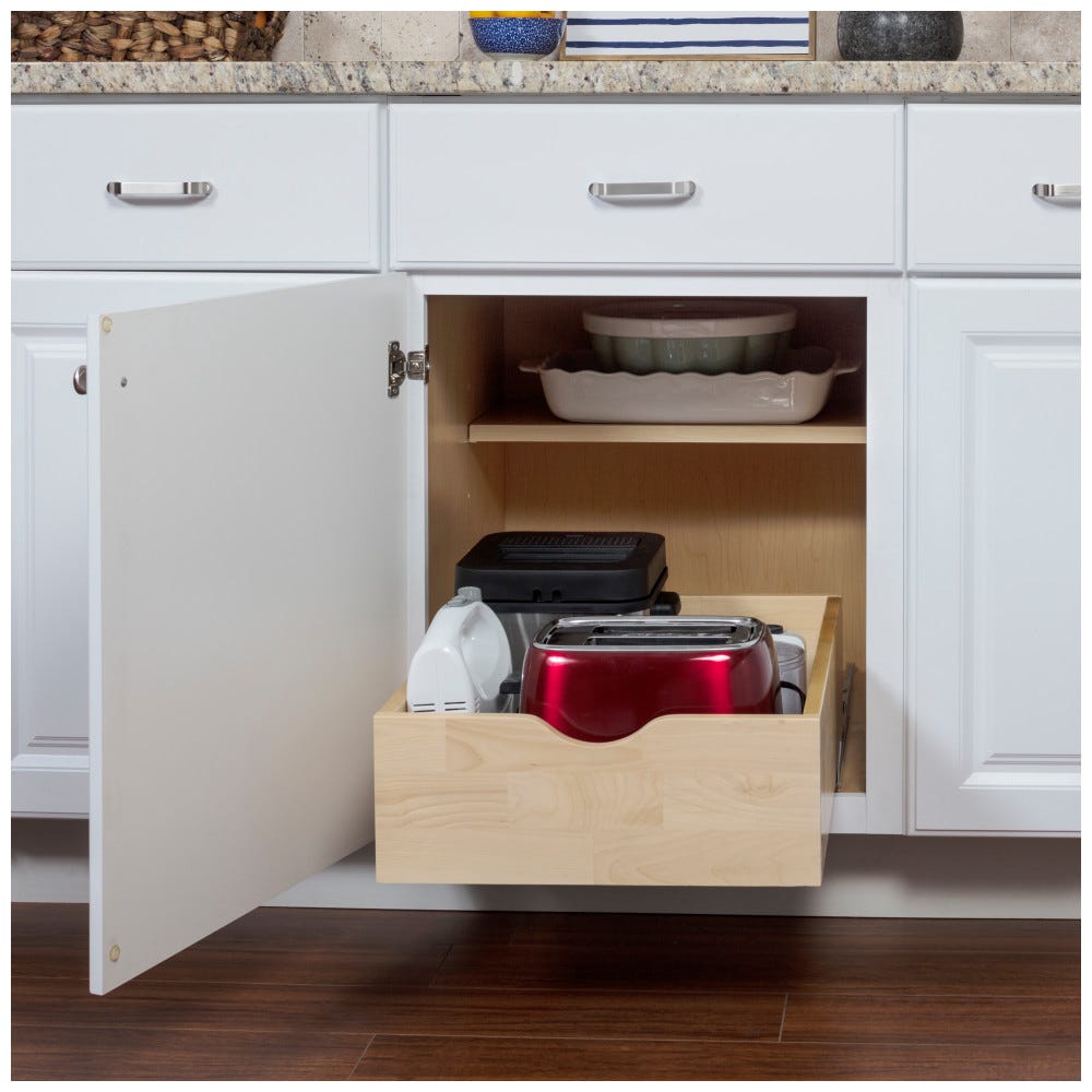 Preassembled Rollout Drawer for 12" Cabinet Openings in white finish, featuring soft-close mechanism and durable construction