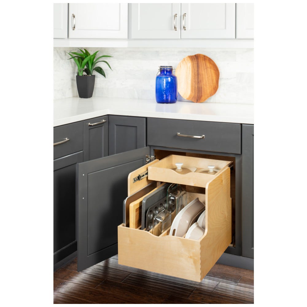 Double Drawer 21" Cookware Rollout in Baltic Birch Plywood, 21" wide, preassembled kitchen organizer