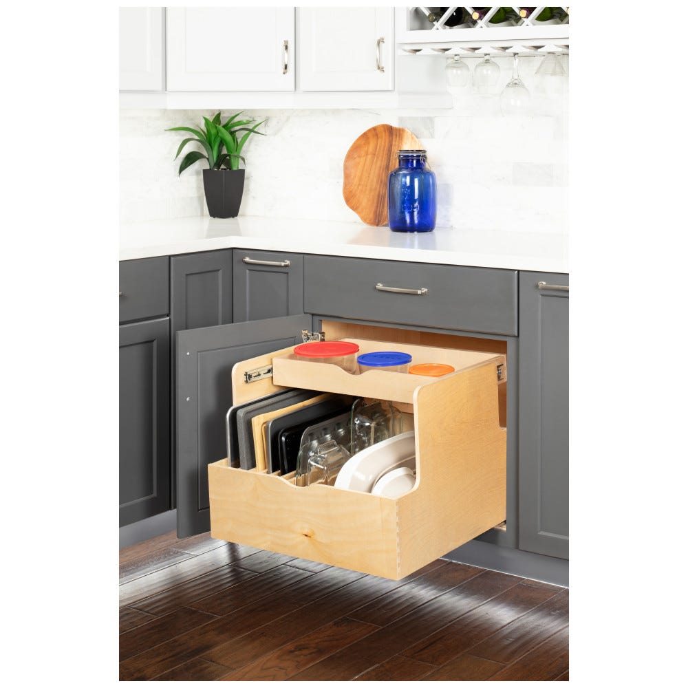 Double Drawer 27" Cookware Rollout in Baltic Birch Plywood, preassembled kitchen organizer
