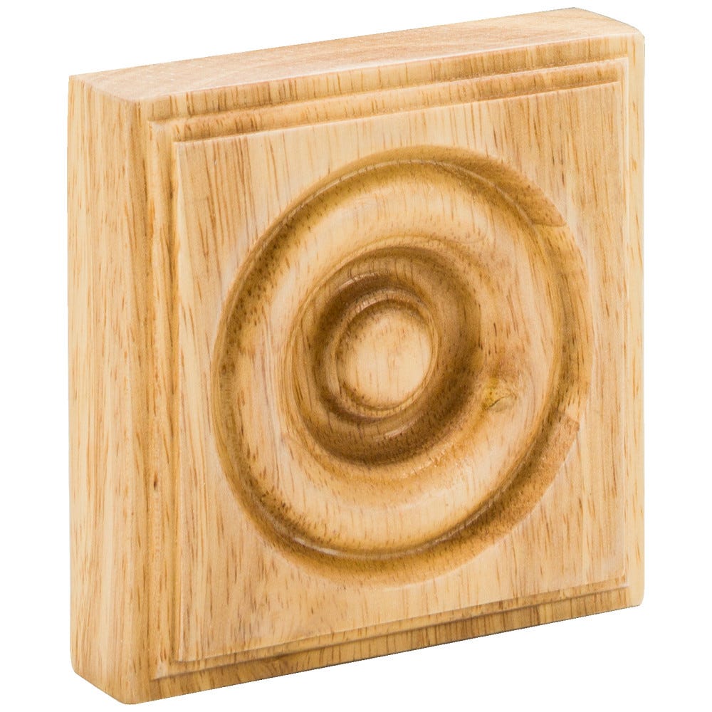 3-1/2" x 3-1/2" x 7/8" Rosette in Rubberwood finish, carved wood accent for interior design