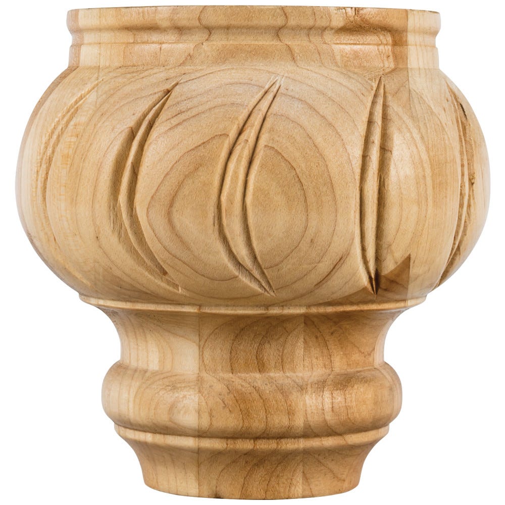 Spiral Turned Bun Foot in Maple and Rubberwood finish, 4-1/2" x 4-1/2", carved wood furniture leg