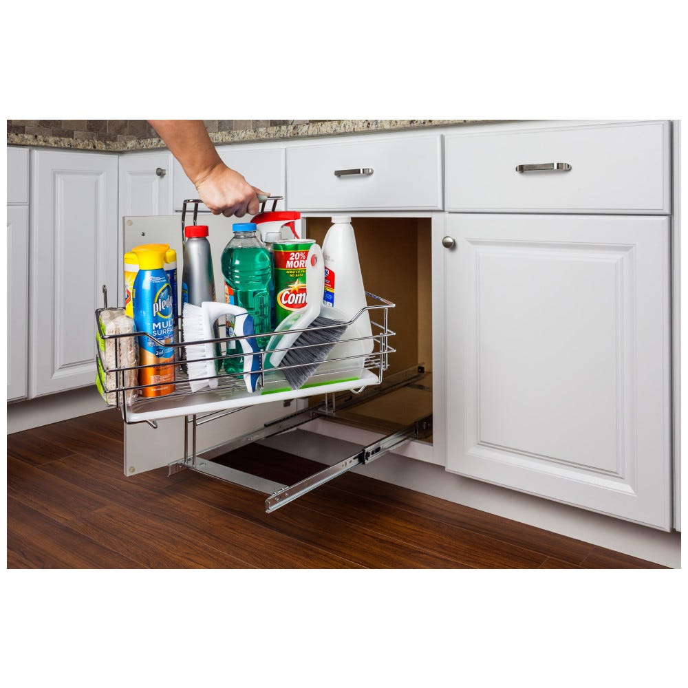 Under The Sink Cleaning Supply Caddy Pullout with Handle, white finish, durable plastic material