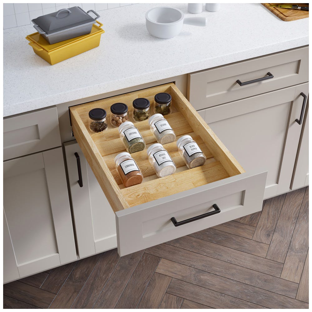 15" Spice Tray Drawer Insert in natural wood finish, designed for kitchen organization, made by Hardware Resources