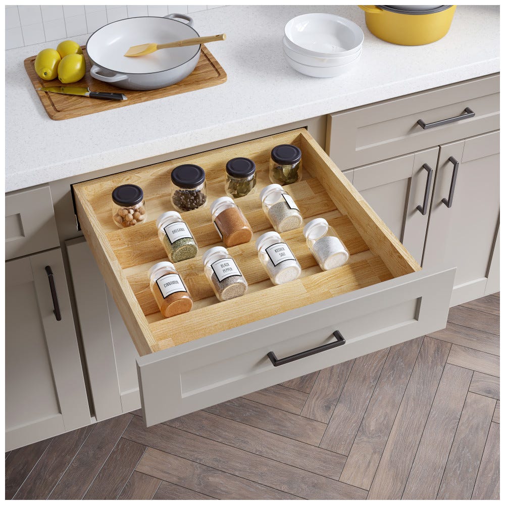 24" Spice Tray Drawer Insert in natural wood finish, designed for kitchen drawer organization, made by Hardware Resources