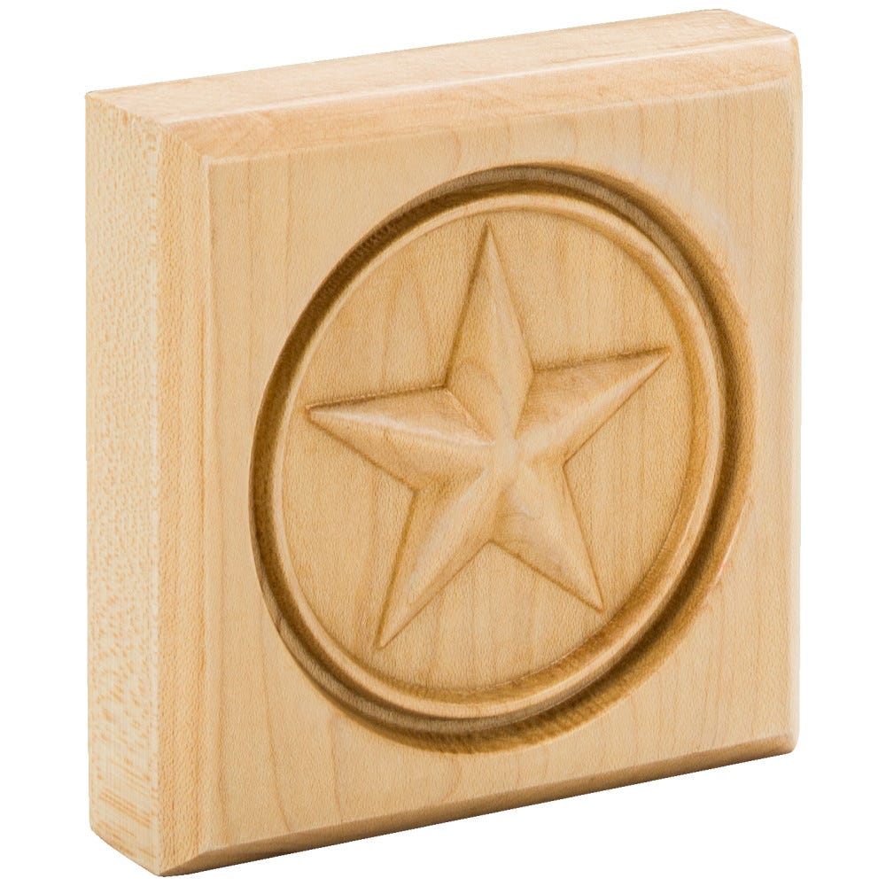3-1/2" x 3-1/2" x 7/8" Star Rosette in Maple, carved wood accent for home decor