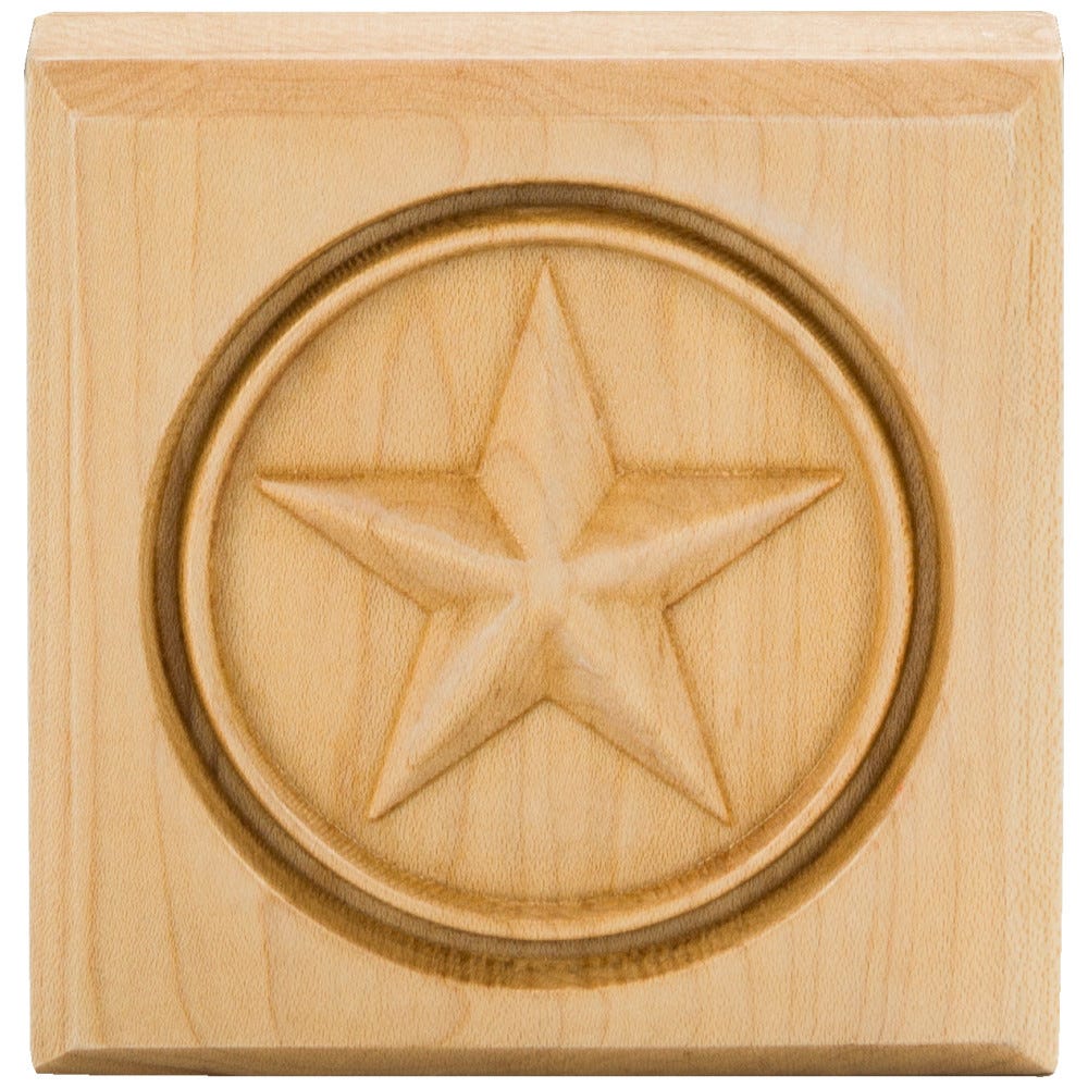 3-1/2" Star Rosette in Rubberwood, carved wood accent in natural finish, 3-1/2 inch size