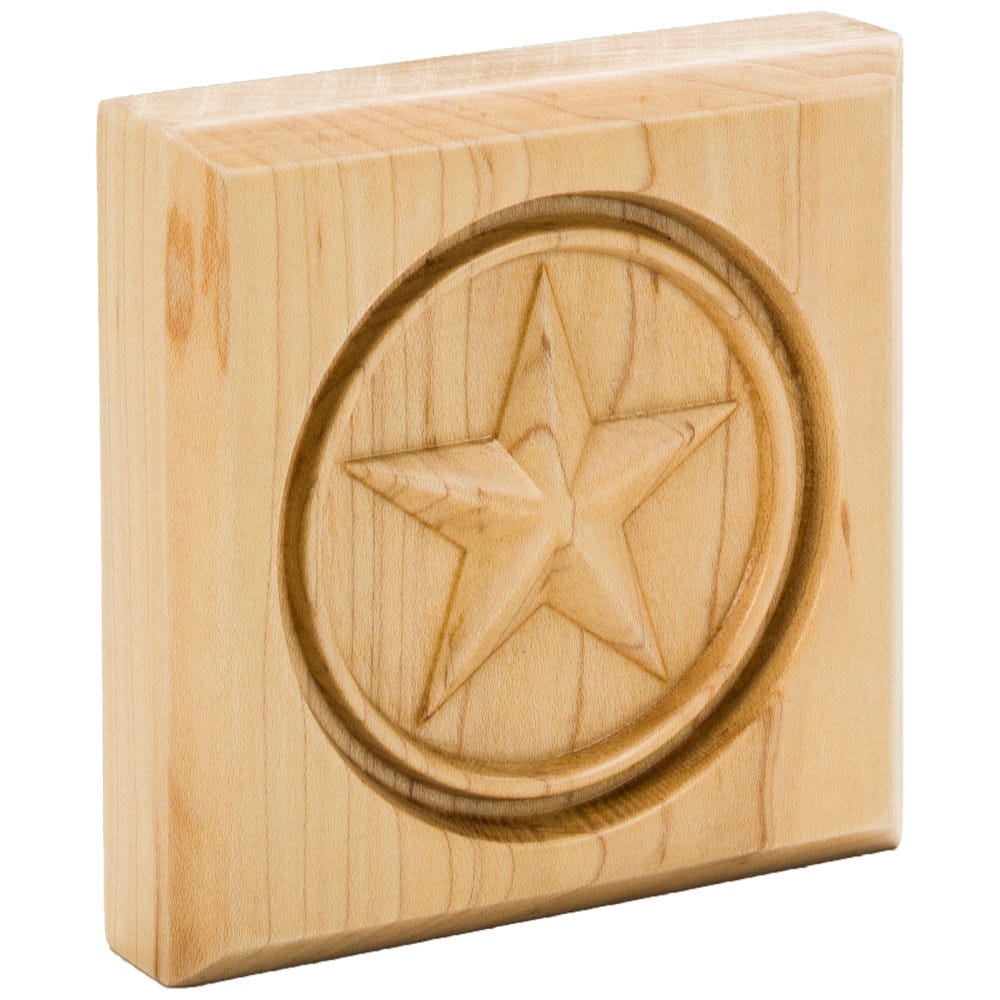 4" x 4" Star Rosette in natural maple finish, carved wood accent piece